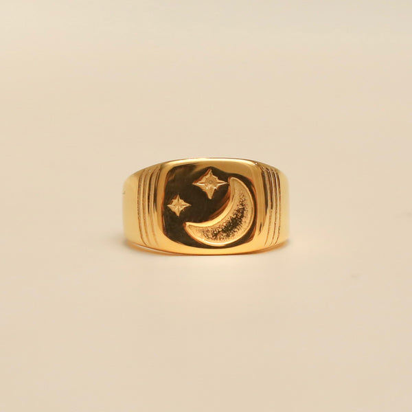 Moon and Star Square Signet Ring