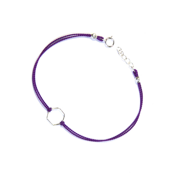 Silver geometry with silk - Purple, hexagon Bracelet