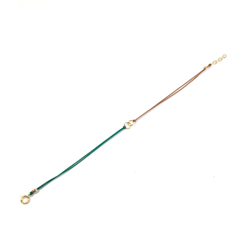 Two color silk string with two circles -  green and tan Bracelet at an alternate angle