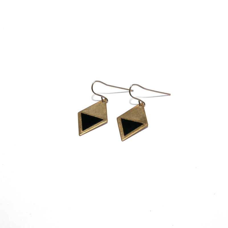Brass Enamel Hook Earrings - black 