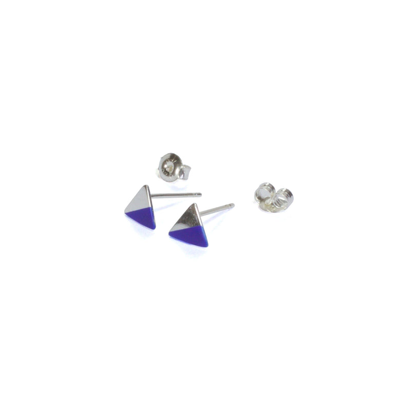 Silver Triangle with Enamel earrings with posts in - blue