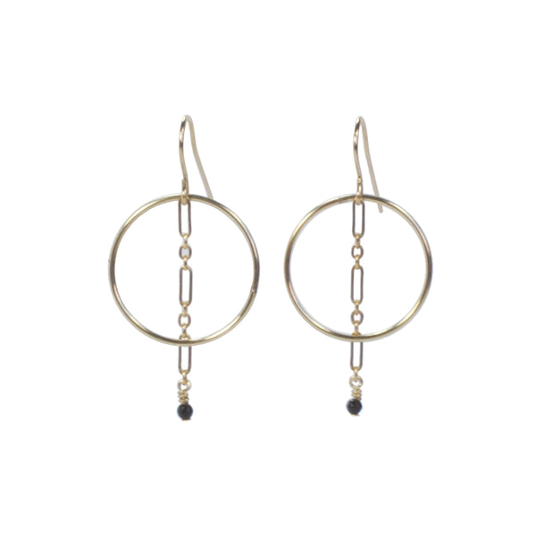 Gold Circle and black pyrite stone on chain earrings