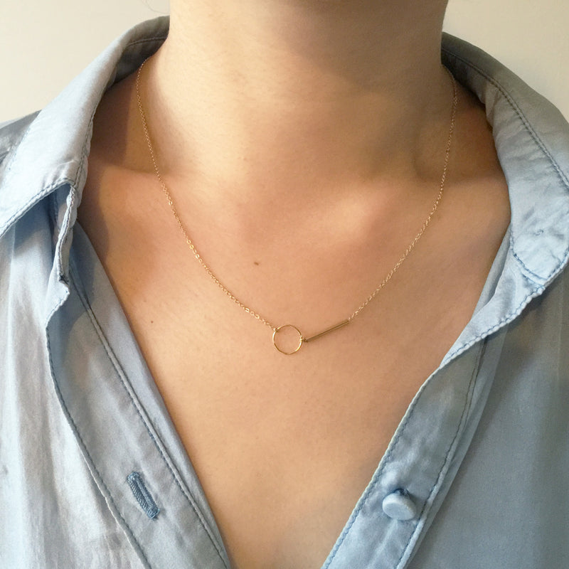Model wearing Gold Filled Circle and Bar Necklace