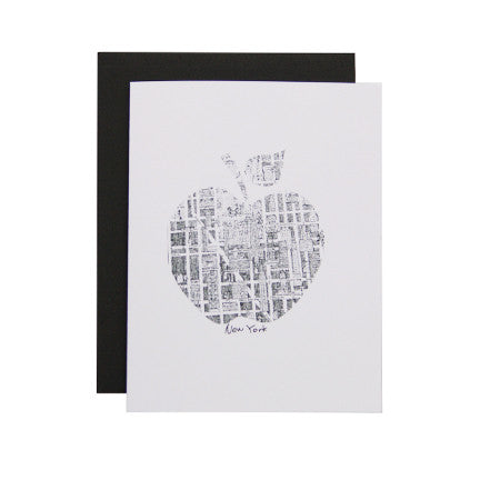 Postcard with an artwork of New York City map in the shape of an apple
