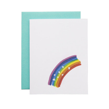 Postcard with an artwork of a rainbow with hearts